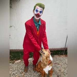 Red suit, green dress shirt, orange vest and green wig.